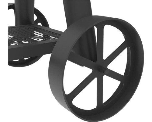 Närbild av grillhjul och förvaringsgaller.