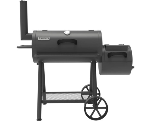 Tenneker logotyp på en kolgrill med rökugn