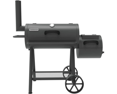 Tenneker logotyp på en kolgrill med rökfunktion
