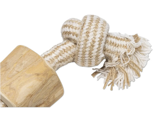 Hundleksak av trä och rep med knutar