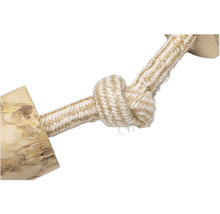 Hundleksak av rep med knut och trä