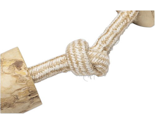 Hundleksak av rep med knut och trä