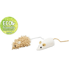 "Två kattleksaker i form av en mus och en ""Miljövänlig"" sigill"