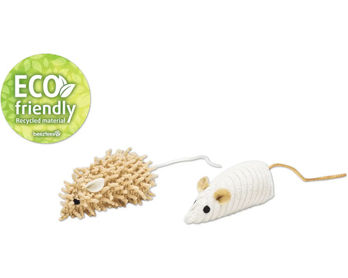 "Två kattleksaker i form av en mus och en ""Miljövänlig"" sigill"