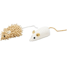 Två kattleksaksmöss i plysch