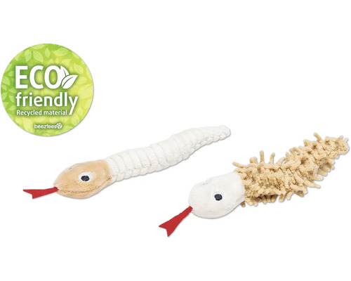 Två ormleksaker av tyg, en tillverkad av återvunnet material. Beetztees logotyp.