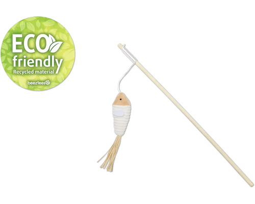 Katt leksaksspö med fisk tillverkad av återvunnet material och Eco Friendly sigill