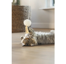 En katt ligger på rygg och leker med en leksak.