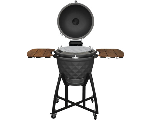 Öppen keramisk grill med sidobord på hjul