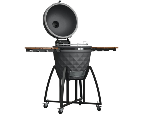 Keramisk grill med öppet lock, sidobord och hjul