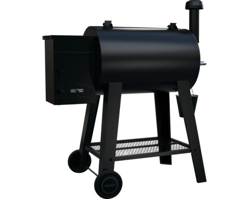 Svart pelletgrill med hjulställ och förvaringsgaller