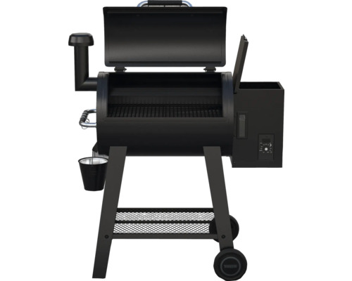 Svart pelletgrill med öppet lock och hjul