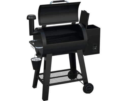 Svart pelletgrill med förvaringshylla och hjul