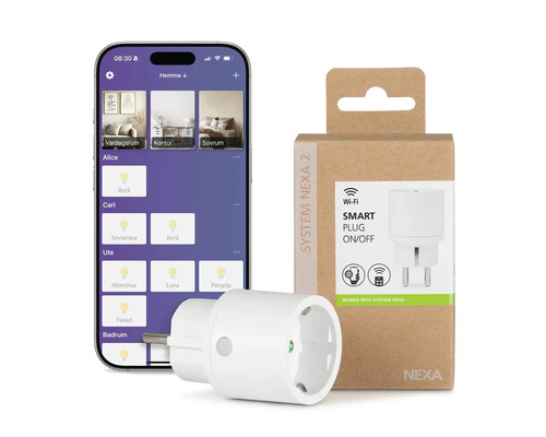 Smartphone med app och Nexa Smart Plug