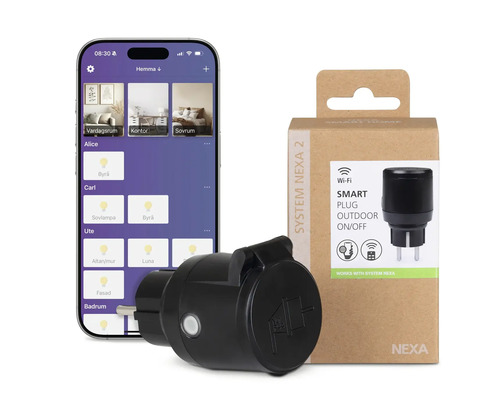 Smart kontakt för utomhusbruk med tillhörande appstyrning på en smartphone och produktförpackning.