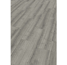 Grått laminatgolv med träutseende.