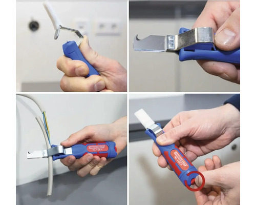 Flera vyer av en kabelmantelstrippare med plasthandtag.