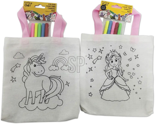 Måla tygpåse Två tygväskor att färglägga med enhörnings- och prinsessmotiv