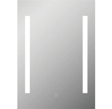 Rektangulär spegel med vertikala ljusremsor och touchsensor