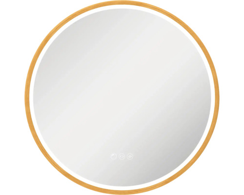 Rund spegel med belysning och träram