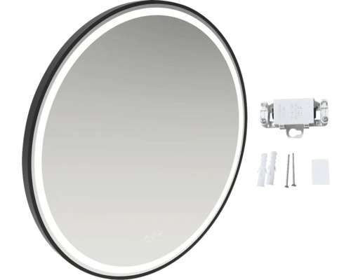 Rund badrumsspegel med LED-belysning och monteringstillbehör