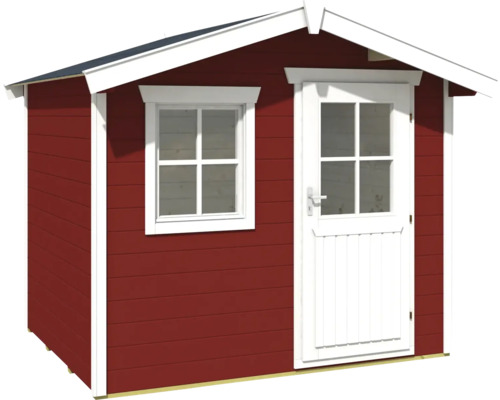 Litet trädgårdshus med fönster och dörr