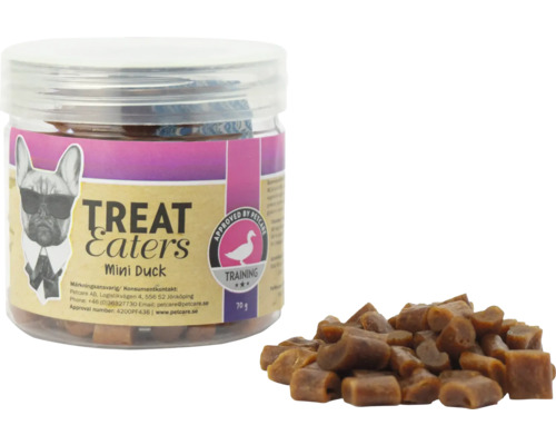 Treat Eaters Mini Duck hundgodis i burk med godis bredvid