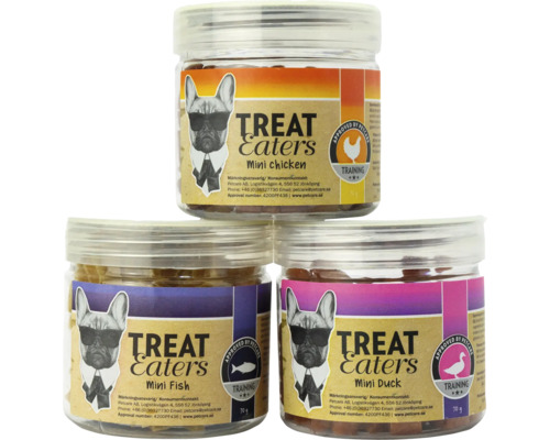 Tre burkar Treat Eaters Mini hundgodis i smakerna kyckling, fisk och anka