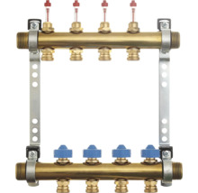 Värmekretsfördelare av mässing med flödesmätare och blå ventilhattar