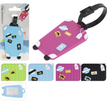 Bagageetikett med olika designer och ett band för att fästa på bagaget