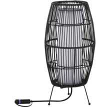Dekorativ golvlampa med rottinglampskärm och stativfot.