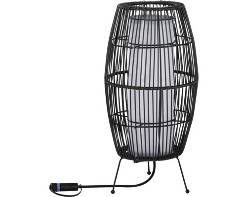 Dekorativ golvlampa med rottinglampskärm och stativfot.