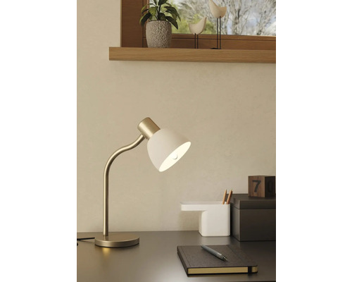 Skrivbord med skrivbordslampa, anteckningsbok, penna och dekoration för en trevlig arbetsmiljö