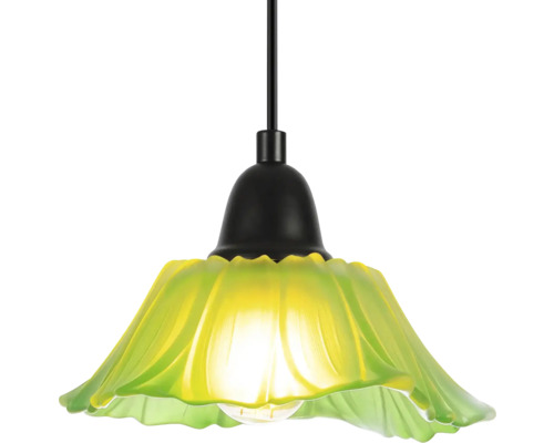 Pendellampa med grön glasskärm i blomform