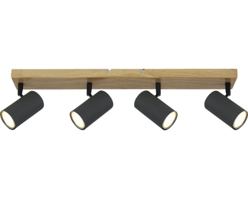 Träfärgad taklampa med fyra svarta spotlights