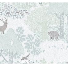 Tapet med skogsmönster, inklusive träd, björnar och hjortar