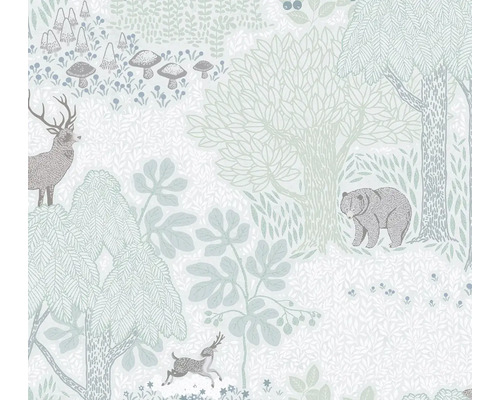 Tapet med skogsmönster, inklusive träd, björnar och hjortar