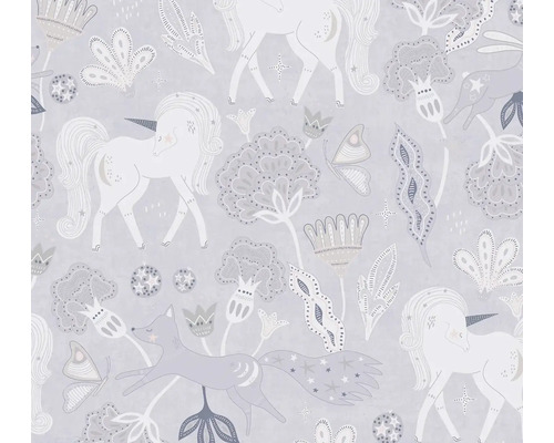 Tapet A.S. CREATION Lilly & Luis Enhörning grå Tapet med enhörnings-, räv- och blomstermönster