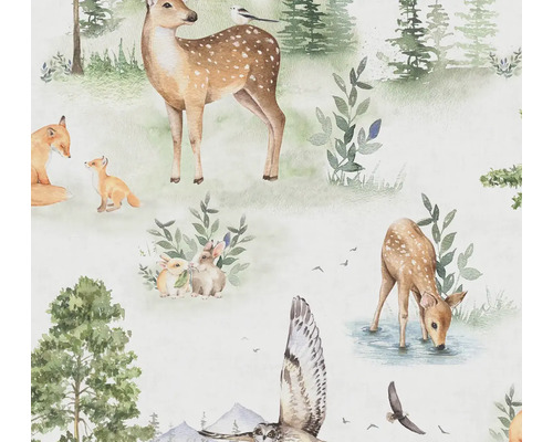 Tapet med skogsdjursmotiv som rådjur, räv, hare och uggla