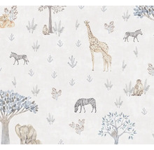 Tapet med illustrationer av zebror, giraffer, lejon, apor, elefanter och träd