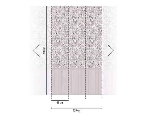 Dekorativ väggpanel med blom- och fågelmönster, mått 159 cm x 280 cm.