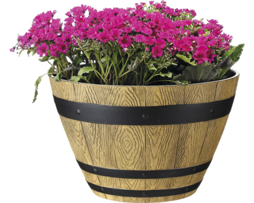 Blomkruka i träfatlook med rosa blommor