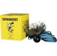 Skorstensrengöringssats med borste, vikt och rep i gul förpackning