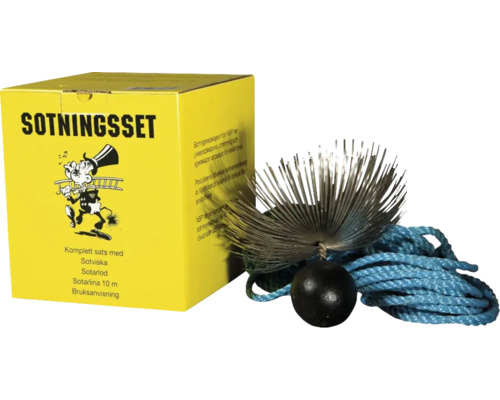 Sotningsset SAFEPIPE I NORDEN komplett 10 m sotarlina med 1,5 kg lod 230 mm samt ø 230 mm stor rostfri sotarviska Skorstensrengöringssats med borste, vikt och rep i gul förpackning