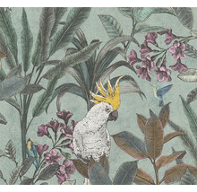 Tapet med papegoja, kolibri, blad och blommor