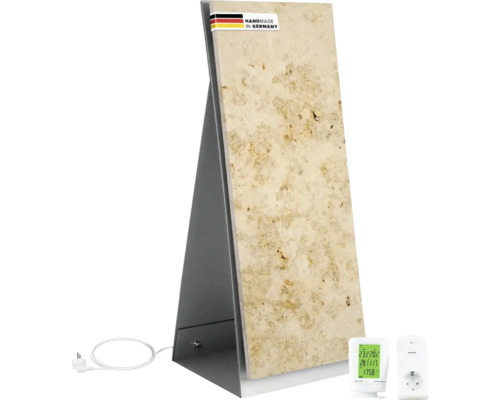 Infraröd stående värmare med termostat och etiketten Handgjord i Tyskland