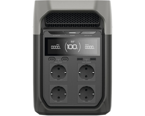 Bärbar kraftstation med fyra uttag, USB-portar och display