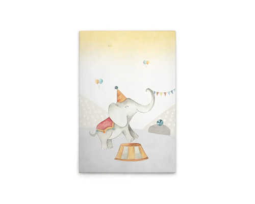 Målning med cirkusmotiv och elefant på duk