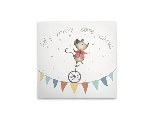 Dekorativ canvas med cirkustema, mus på enhjuling