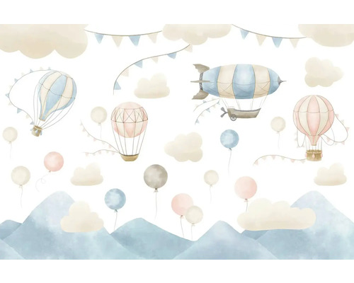 Illustration av luftballonger, luftskepp, moln och berg för barnrumsdesign